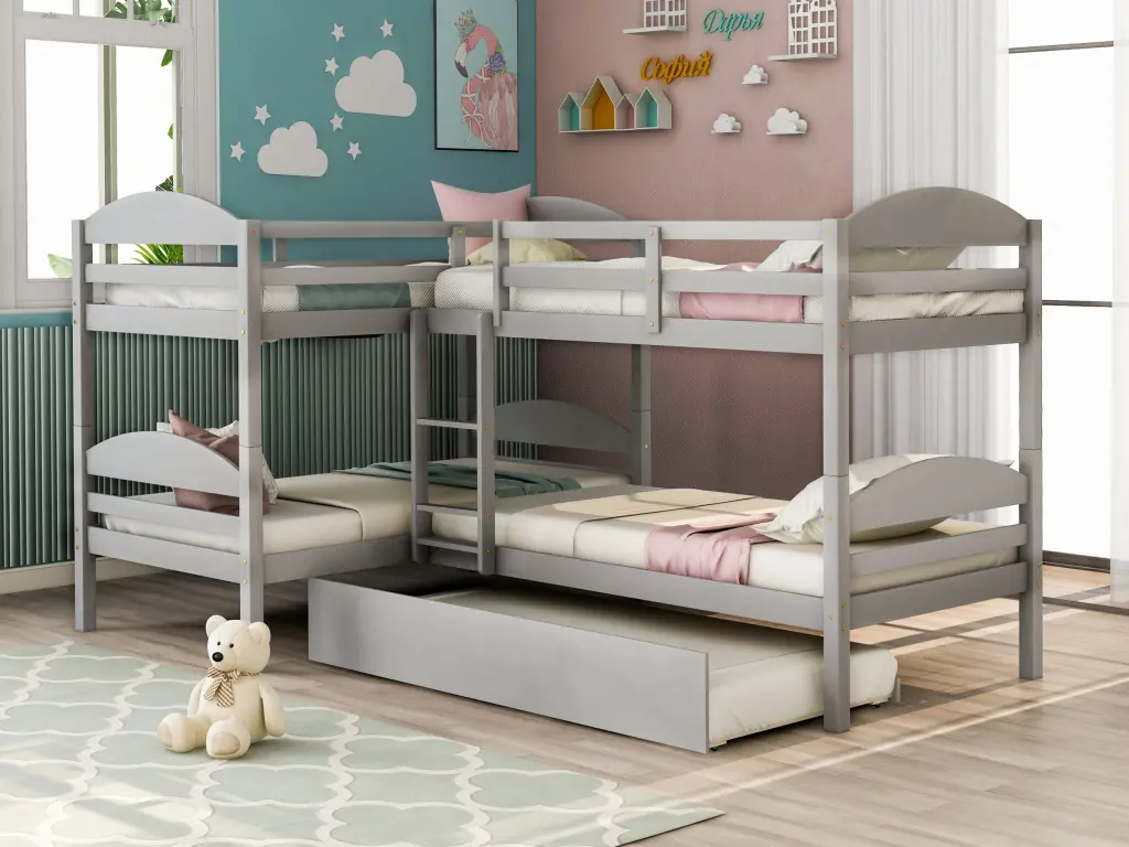 Twin L Shaped Bunk Bed Trundle Gray Solid Wood lucky furniture