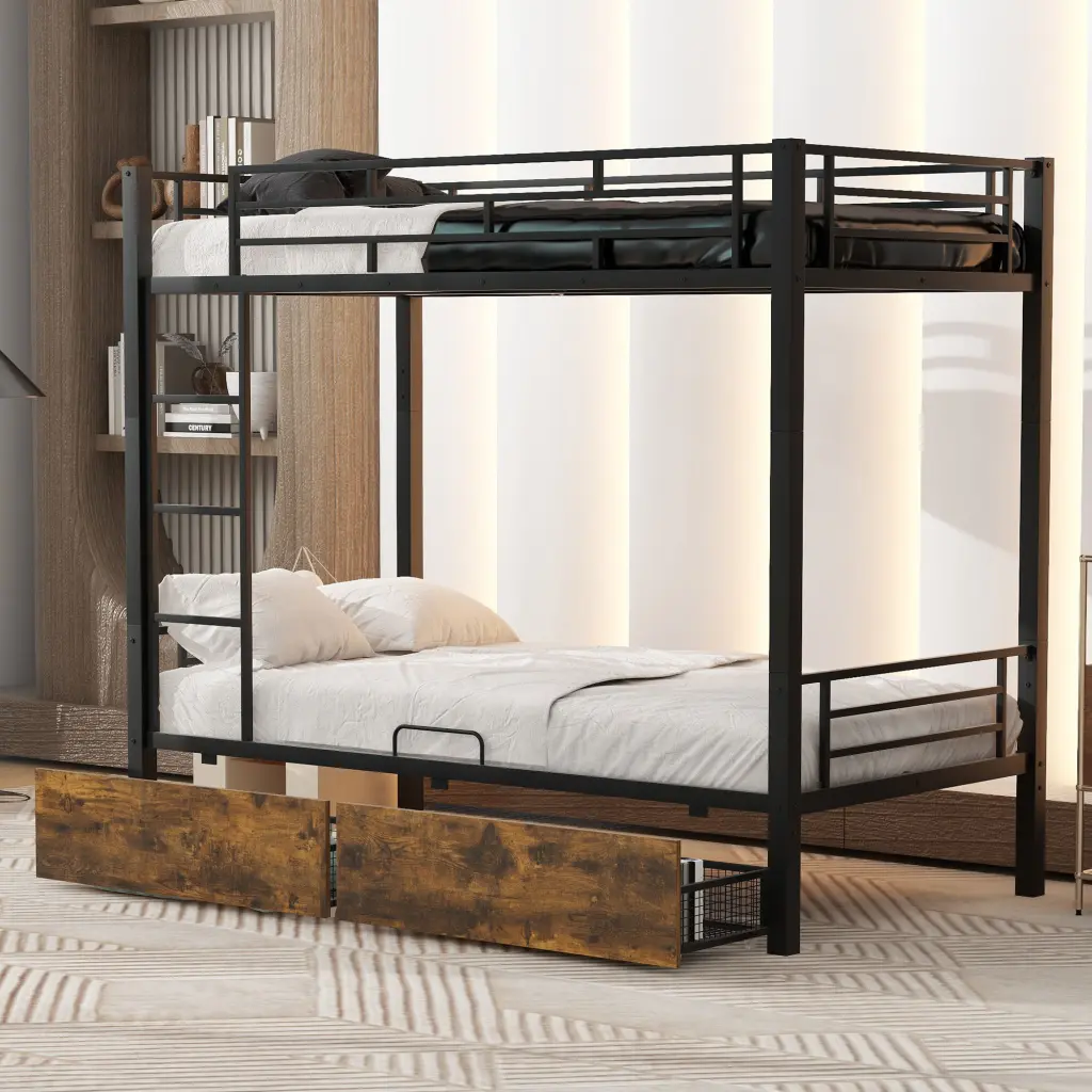 Black Metal Bunk Bed Drawers Twin Size MDF Frame wm dreamland
