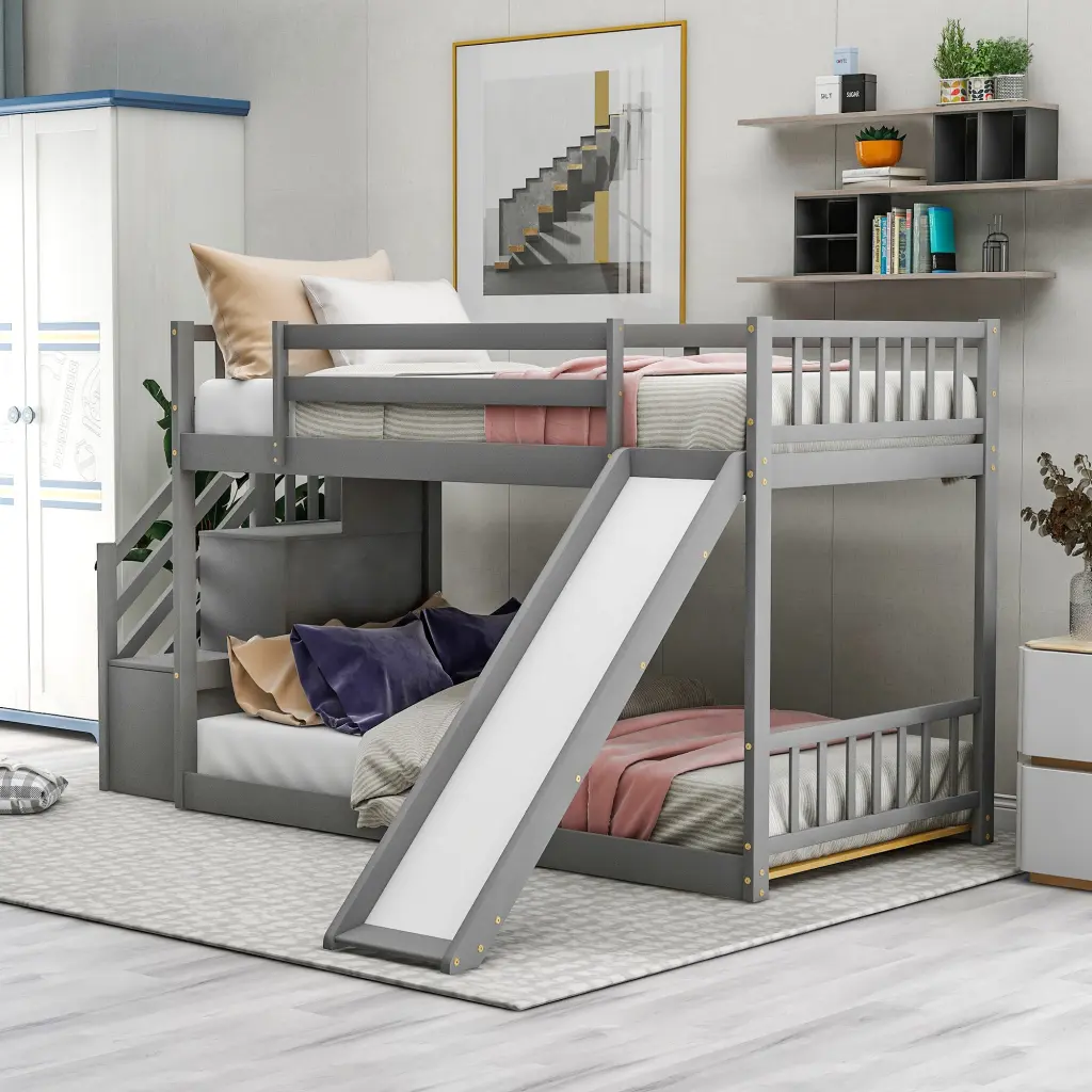 Twin Over Twin Bunk Bed Convertible Slide And Stairway Gray Space Saving Kids Bed wm store
