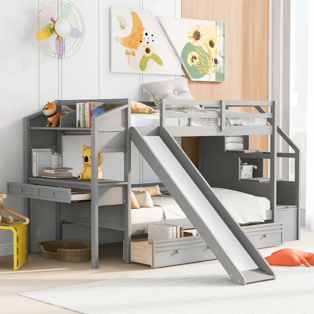 Twin Over Twin Bunk Bed Storage Staircase Slide and Drawers wm store