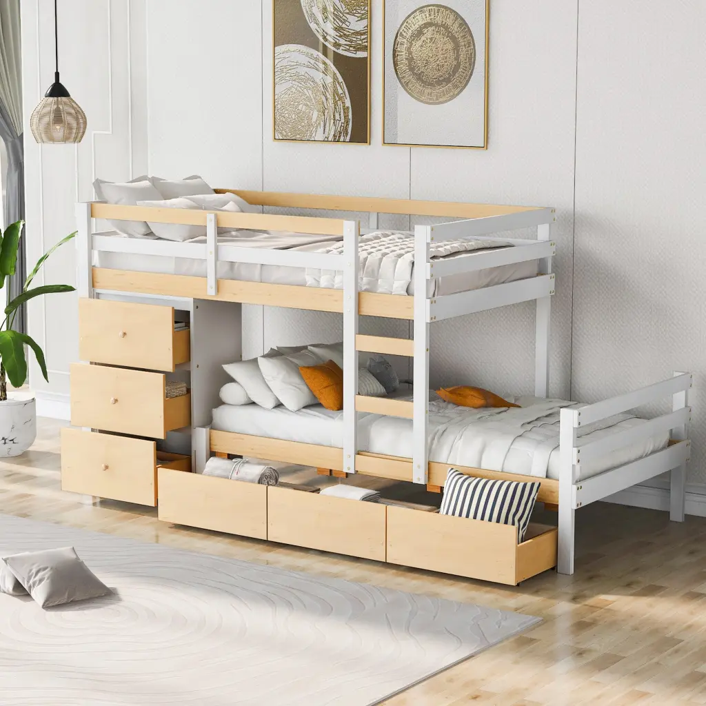 Twin Over Twin Loft Bunk Bed Drawers and Ladder, Natural Wood Finish wm store