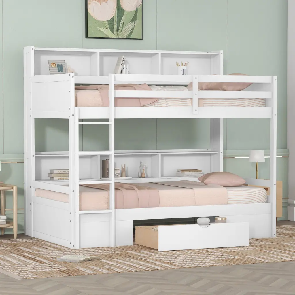 Twin Size Bunk Bed Constructed Shelves Beside Both Upper And Lower Beds wm store