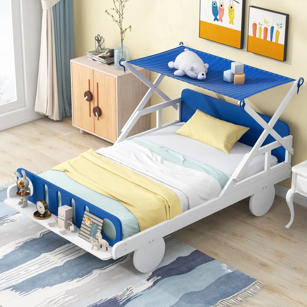 Wood Twin Size Car Bed Ceiling Cloth Headboard And Footboard White wm store