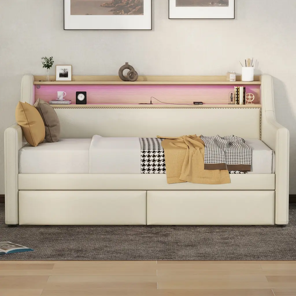 Twin Size Daybed Storage Drawers Upholstered Daybed Charging Station bonwell