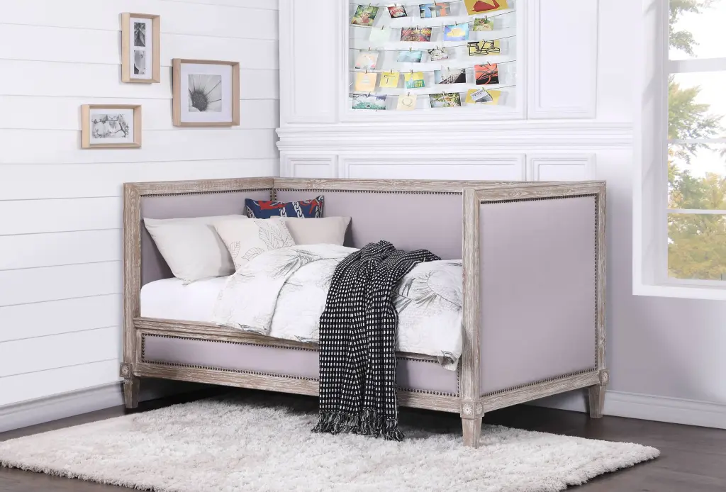 Beige and Weathered Oak Twin Daybed Linen Upholstery furniture max