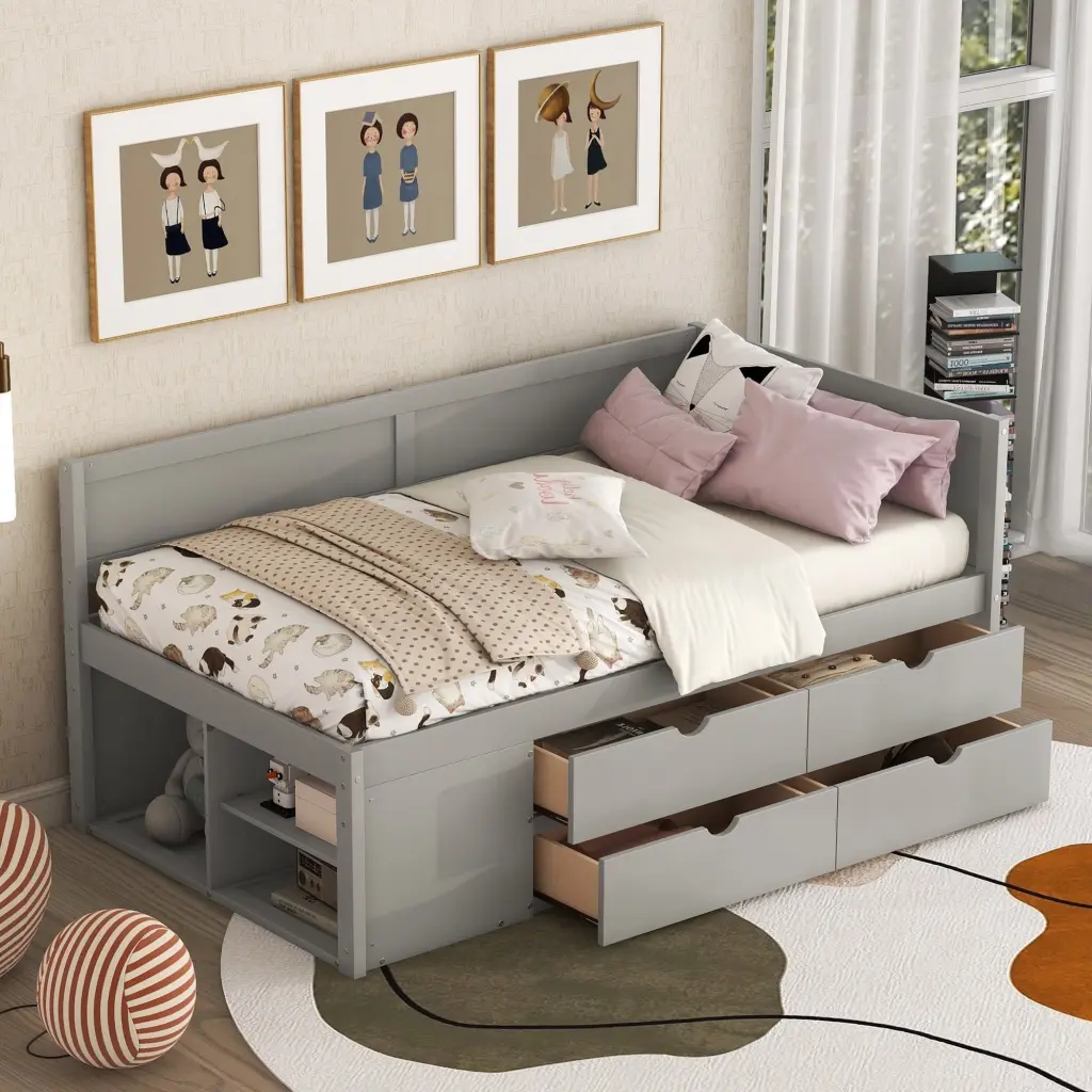 Twin Size Daybed Drawers And Shelves Gray Solid Wood Modern Design lucky furniture