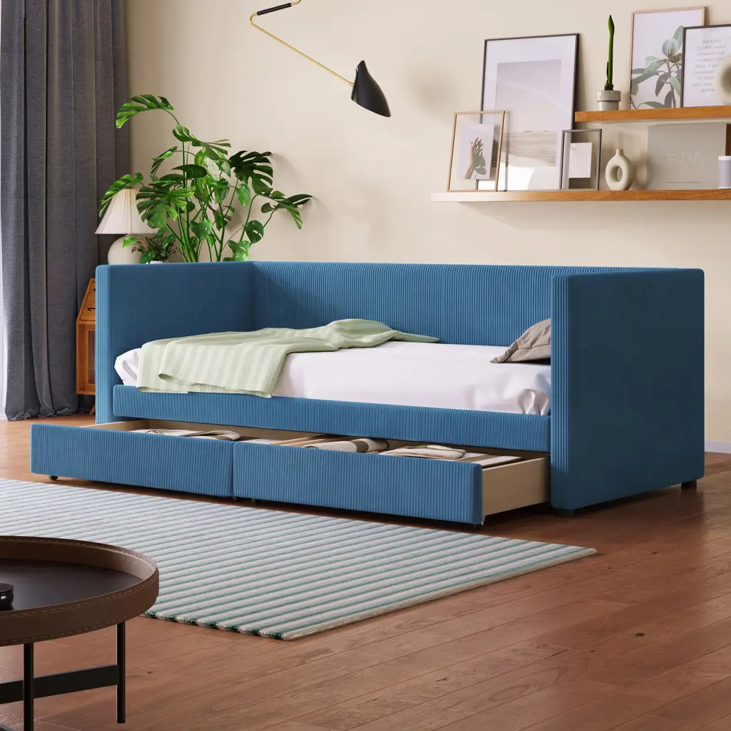 Twin Size Corduroy Daybed Two Drawers And Wood Slat Blue Upholstered lucky world