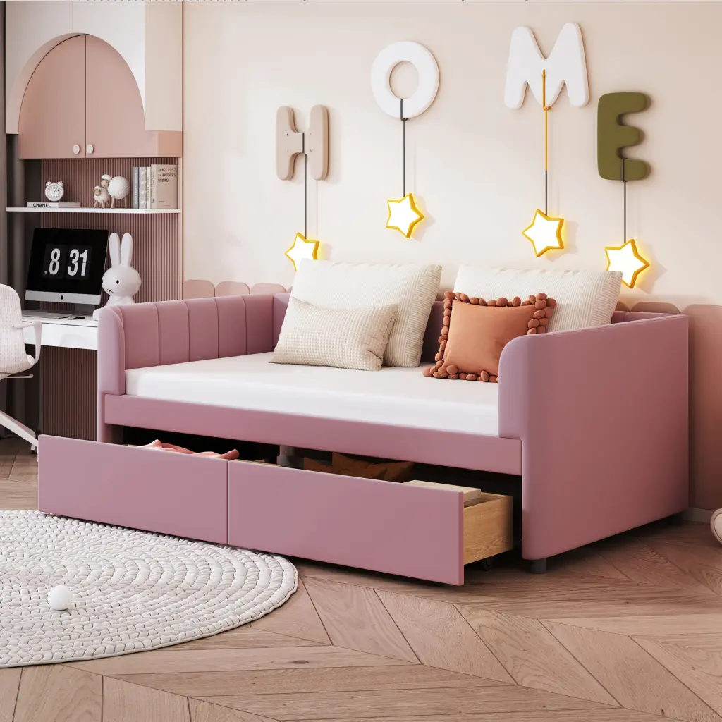 Twin Size Upholstered Daybed Ergonomic Backrest and 2 Drawers lucky world