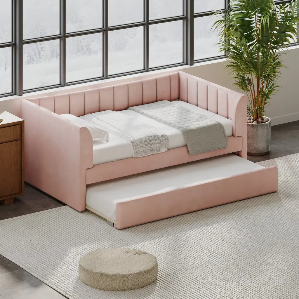 Twin Size Upholstered Velvet Daybed Trundle Pink No Box Spring Required wm dreamland