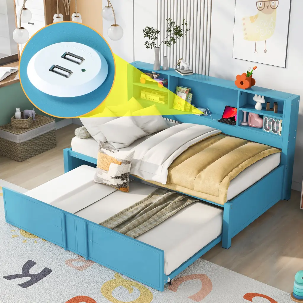 Metal Twin Size Daybed Twin Trundle Storage Shelves and USB Port wm store