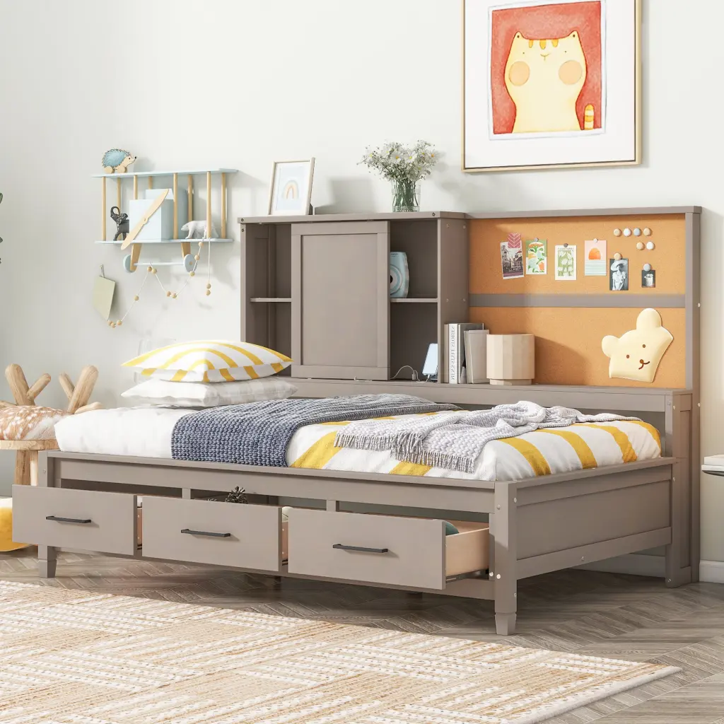 Twin Size Lounge Daybed Storage Shelves Cork Board USB Ports Multi Functional Furniture wm store