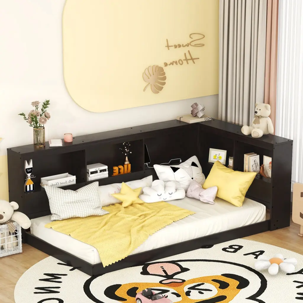 Wood Twin Size Daybed Storage Cabinets and USB Ports Espresso Finish wm store