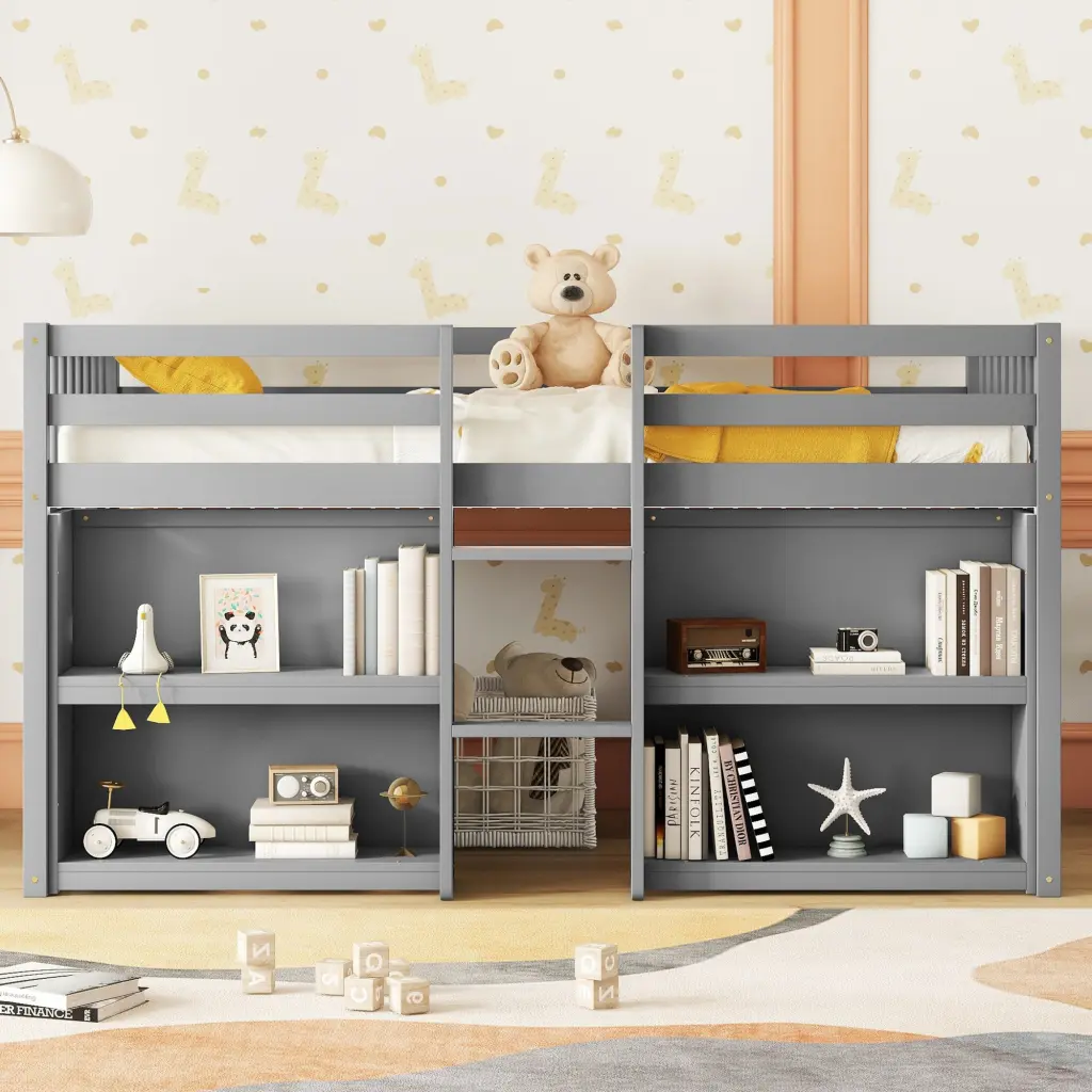 Twin Size Low Loft Bed Two Tier Shelves and LED Lights Kids fangxing