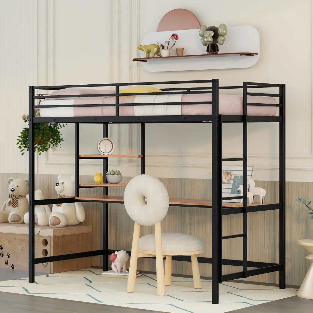 Twin Metal Loft Bed Desk And Shelves Black Sturdy Construction lucky furniture
