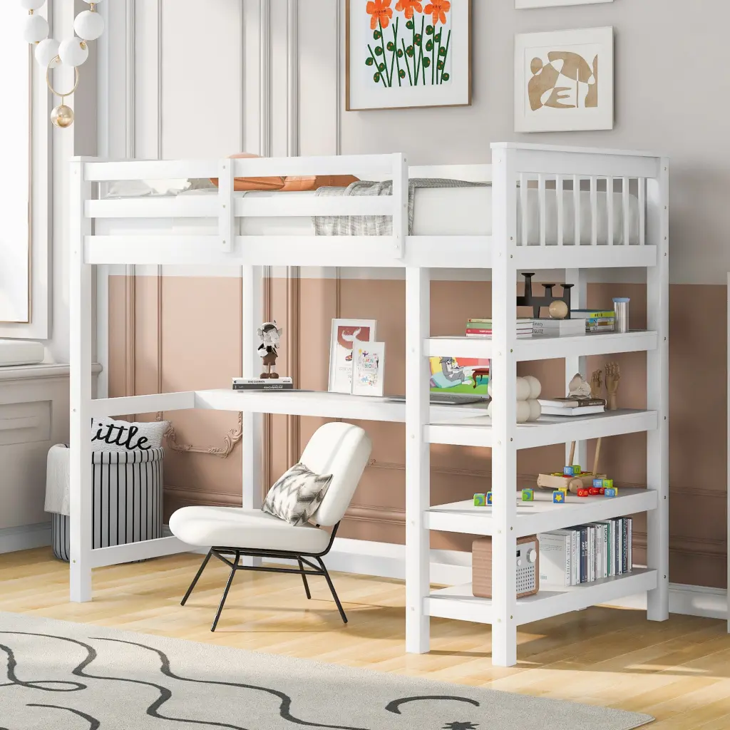 Twin Size Loft Bed Storage Shelves and Under Bed Desk White wm store