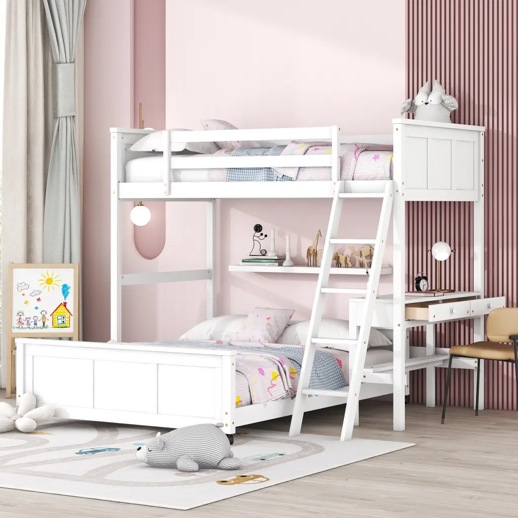 Twin Over Full Bunk Bed Desk White Solid Wood MDF Kids Bedroom Furniture lucky furniture