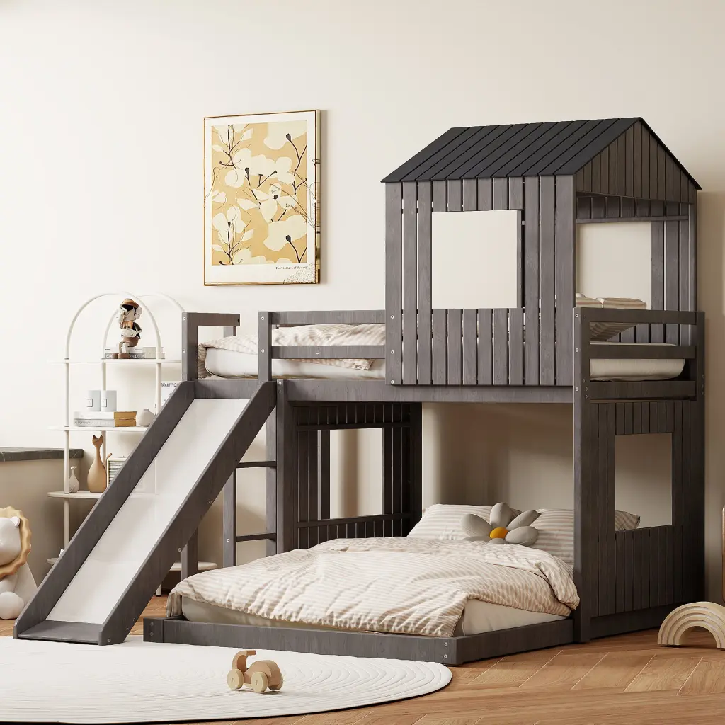 Wooden Twin Over Full Bunk Bed Playhouse Farmhouse Ladder lucky furniture