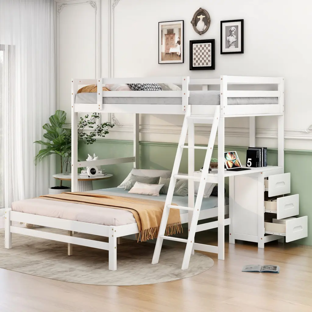 Twin Over Full Bunk Bed Built Desk and Three Drawers White Finish wm store