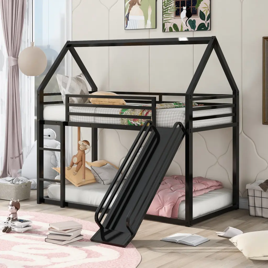 Twin Over Twin Bunk Bed Ladder And Slide Black Metal wm store