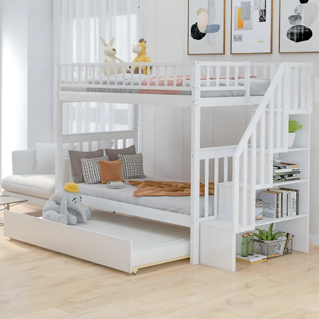 Twin Over Twin Bunk Bed Trundle And Storage White Pine Finish wm store