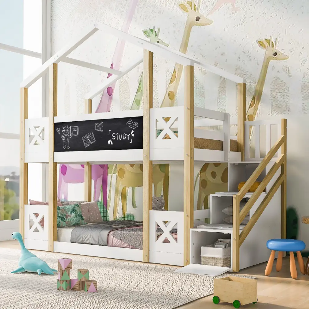 Twin Over Twin Bunk Bed White Storage Staircase artistry at home