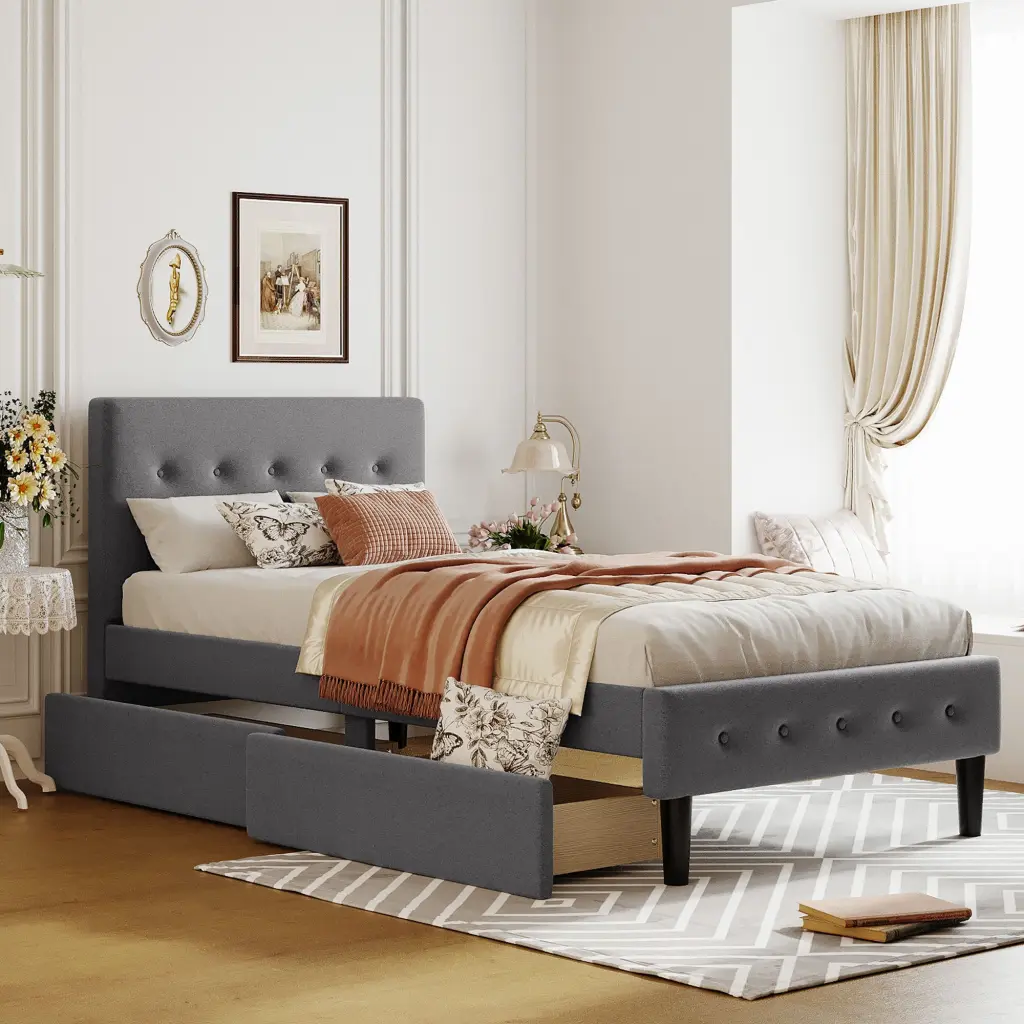 Twin Size Upholstered Platform Bed 2 Drawers Gray Fabric lucky furniture