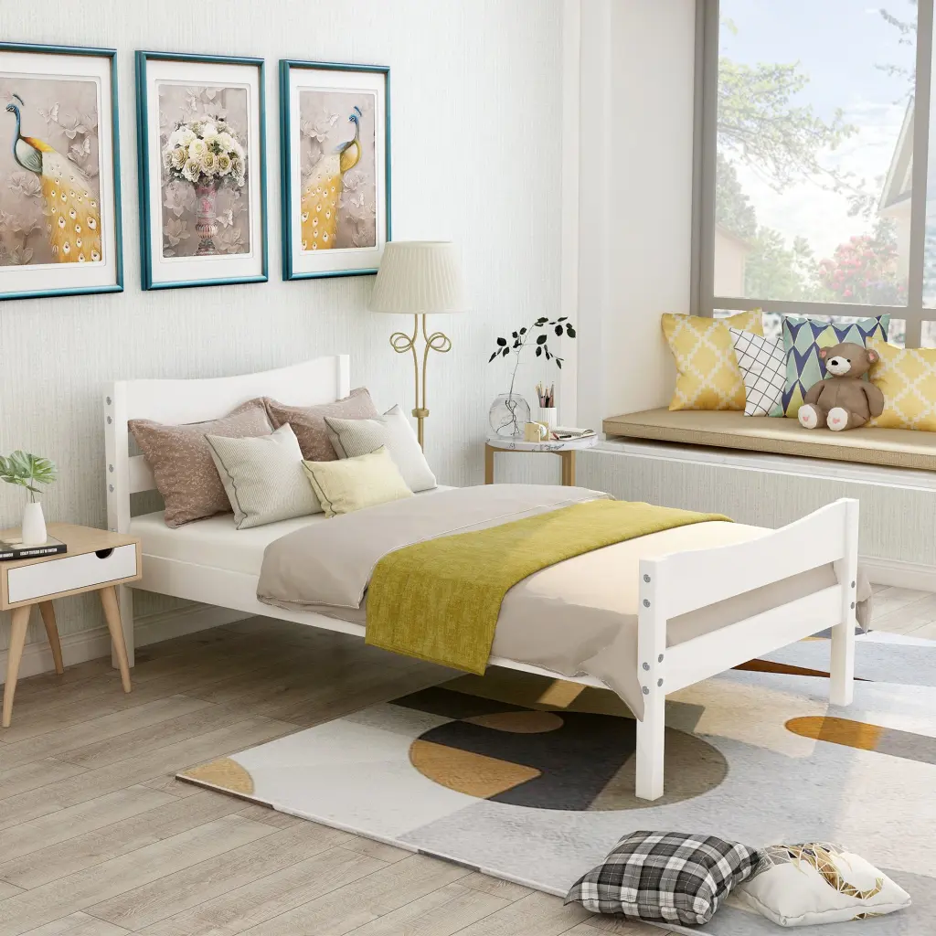 Twin Size Wood Platform Bed Headboard And Wooden Slats White Finish lucky furniture