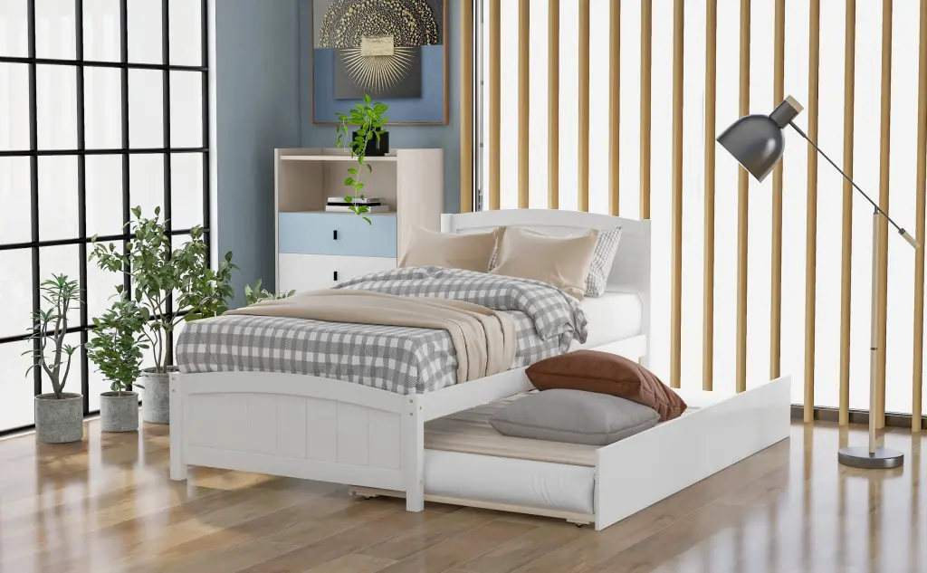 Twin Size Platform Bed Trundle White Solid Wood lucky furniture