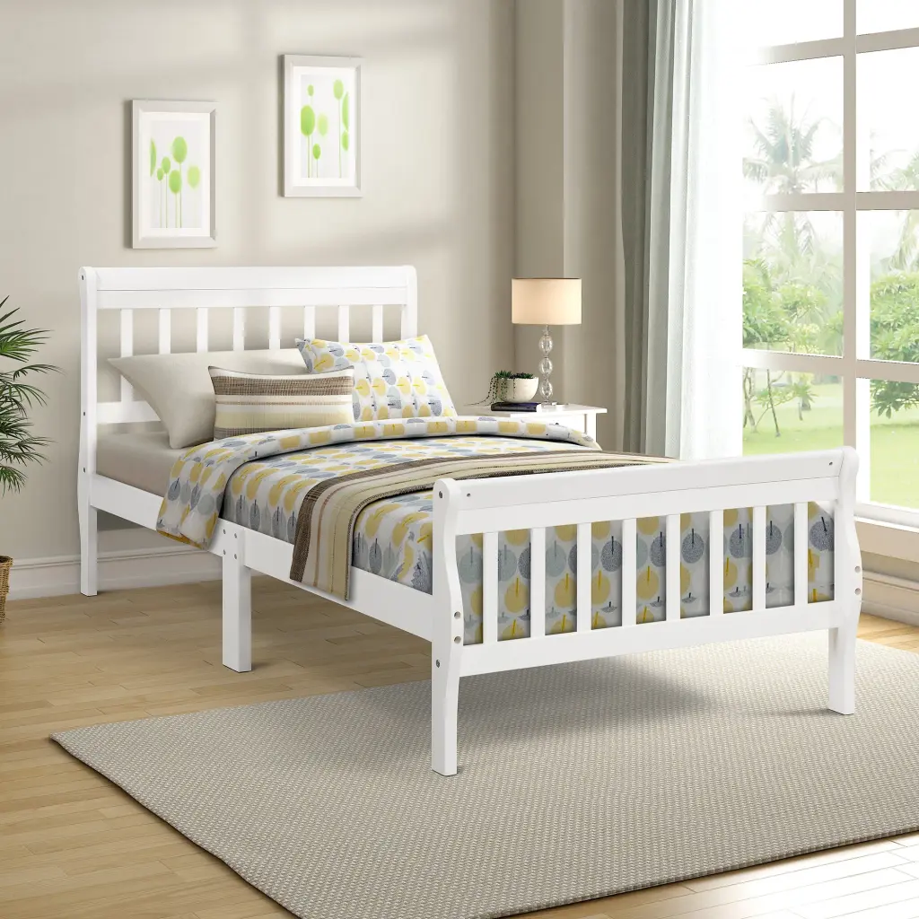 Wood Platform Bed Twin Bed Frame Panel Bed Mattress Foundation Sleigh Design lucky furniture