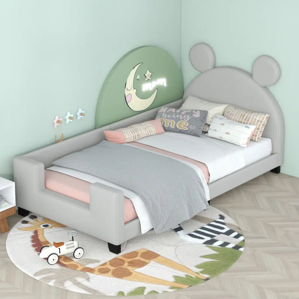 Twin Size Upholstered Daybed Carton Ears Influenced Headboard Grey Linen wm store