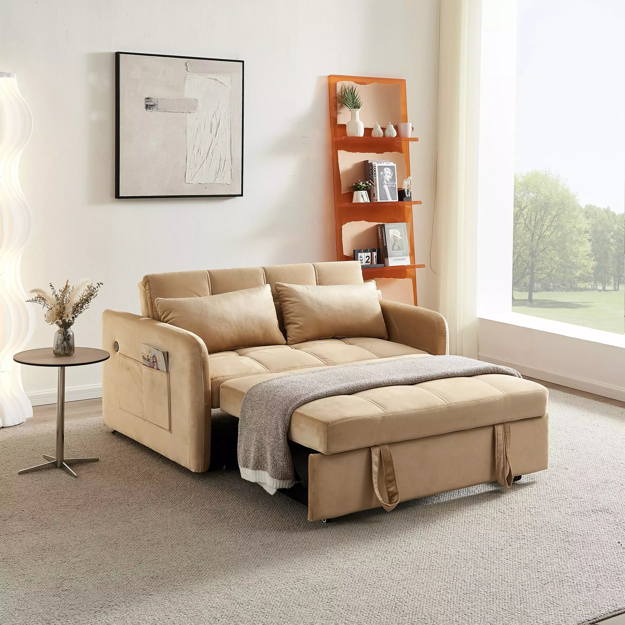 55.5 Twins Pull Out Sofa Bed Khaki Velvet Convertible Sleeper CNCJ