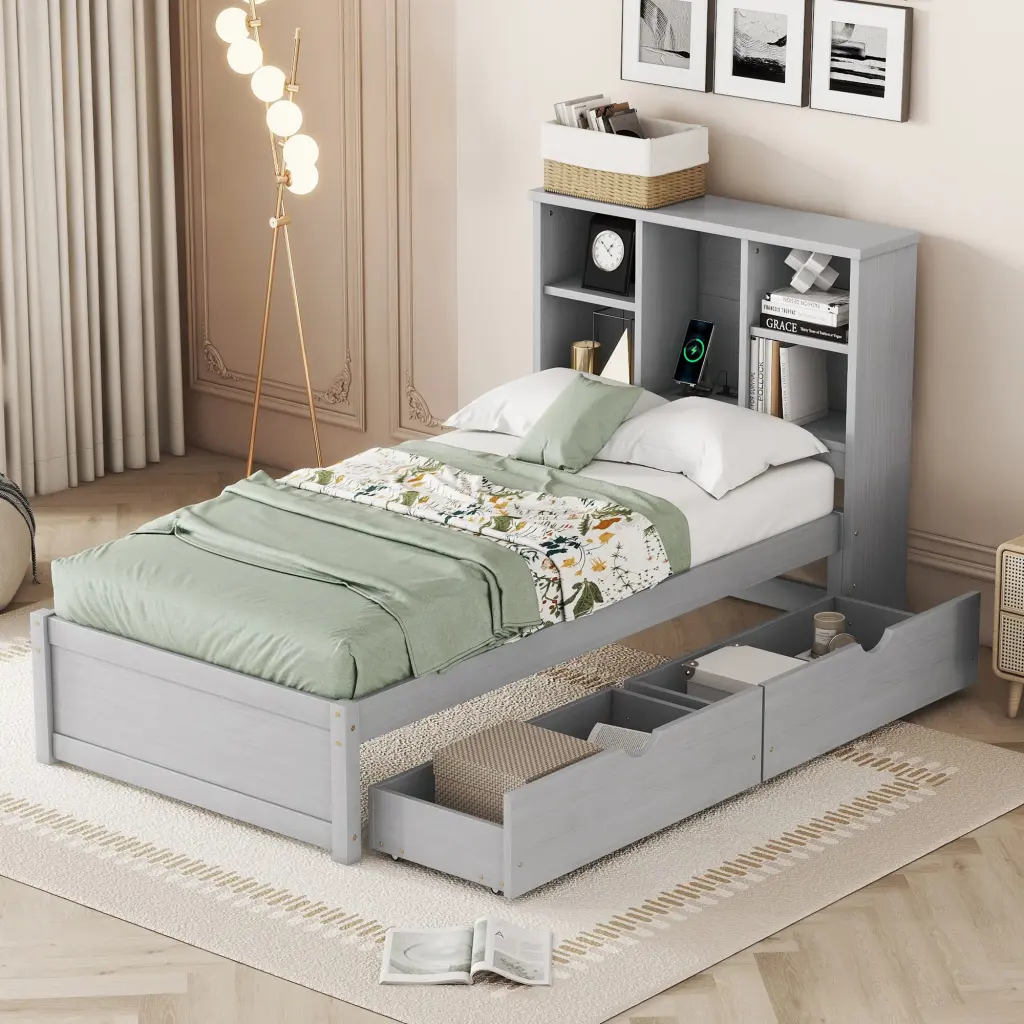 Modern Twin Size Bed Frame USB Port and Bookcase Headboard fangxing