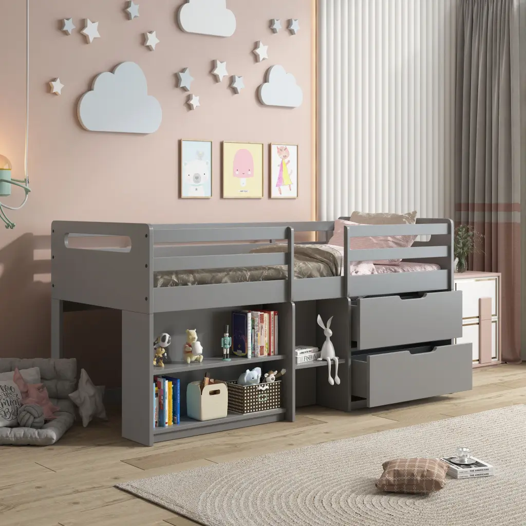 Grey Twin Loft Bed Constructed Drawers and Bookshelf Grey Wood furniture max