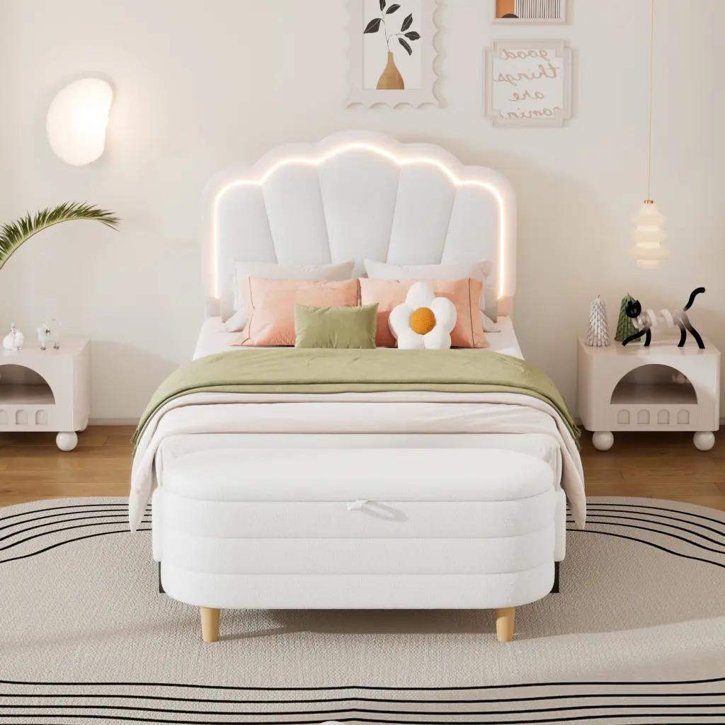 2 Pieces Twin Size Flower Influenced Upholstered LED Platform Bedroom Sets homey life