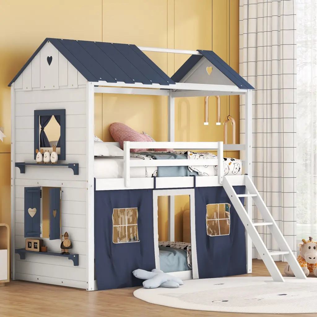 Twin Size Bunk Wood Bed Elegant Windows, Sills and Tent Black lucky furniture