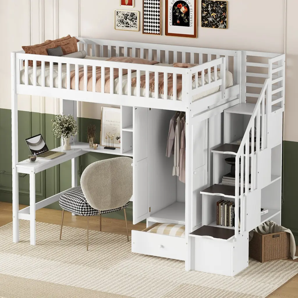 Twin Size Loft Bed Bookshelf Drawers Desk and Wardrobe White Finish lucky furniture
