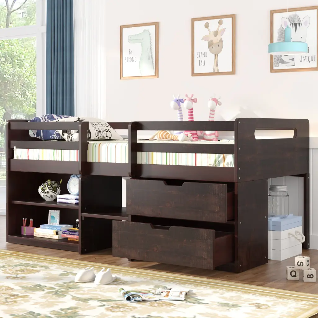 Twin Size Loft Bed Two Shelves and Two Drawers Antique Espresso Finish lucky furniture