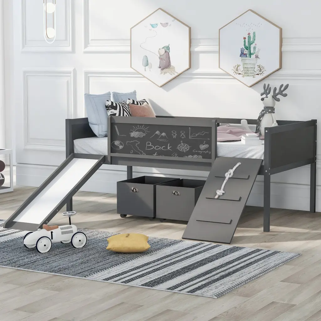Twin Size Loft Bed Wood Bed Two Storage Boxes Gray lucky furniture
