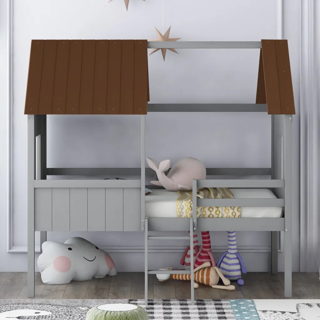 Twin Size Low Loft Wood Bed Two Side Windows Gray Brown Old lucky furniture