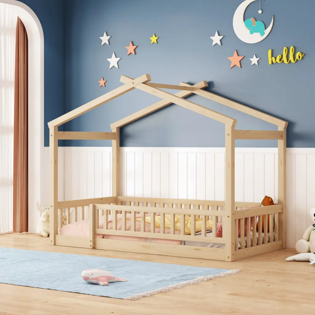Twin Size Wood Bed Frame Fence Kids Teens Girls Boys lucky furniture