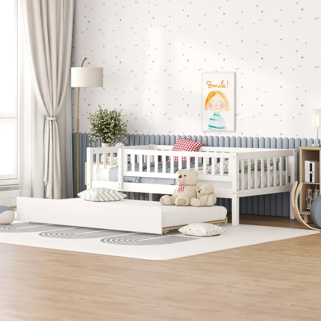 Twin Size Wood Daybed Trundle and Fence Guardrails White Modern Bedroom Furniture lucky furniture