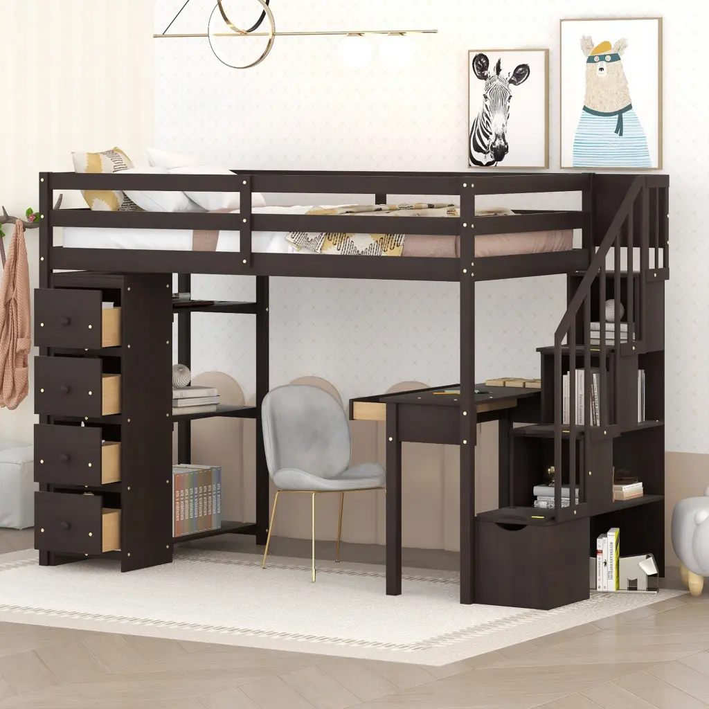 Twin Size Wooden Loft Bed Storage Drawers Desk and Stairs lucky furniture