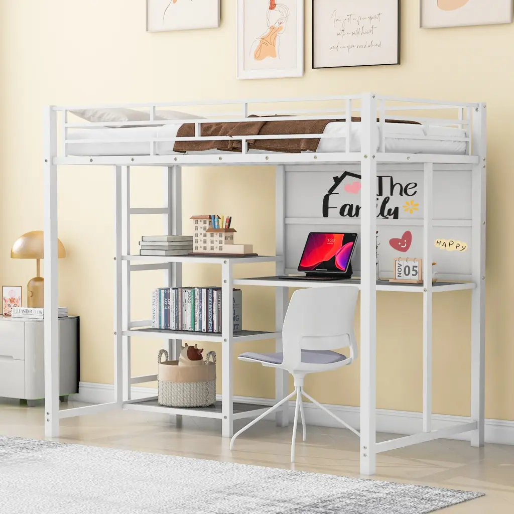 Twin Size Metal Loft Bed Desk and Whiteboard 3 Shelves Space Saving Furniture lucky world