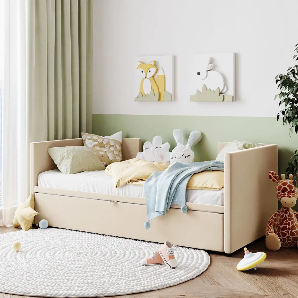 Twin Size Upholstered Daybed Pop Up Trundle, Beige Twin Beige Upholstery lucky world
