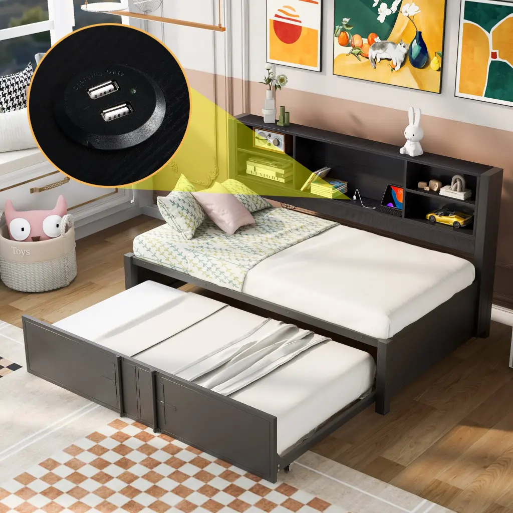 Metal Twin Size Daybed Twin Size Trundle, Storage Shelves And Usb wm store
