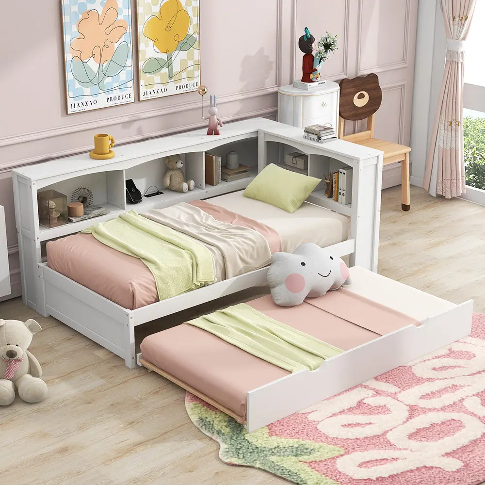 Twin Size Daybed Trundle Storage Cabinets USB Ports White Bed Frame wm store
