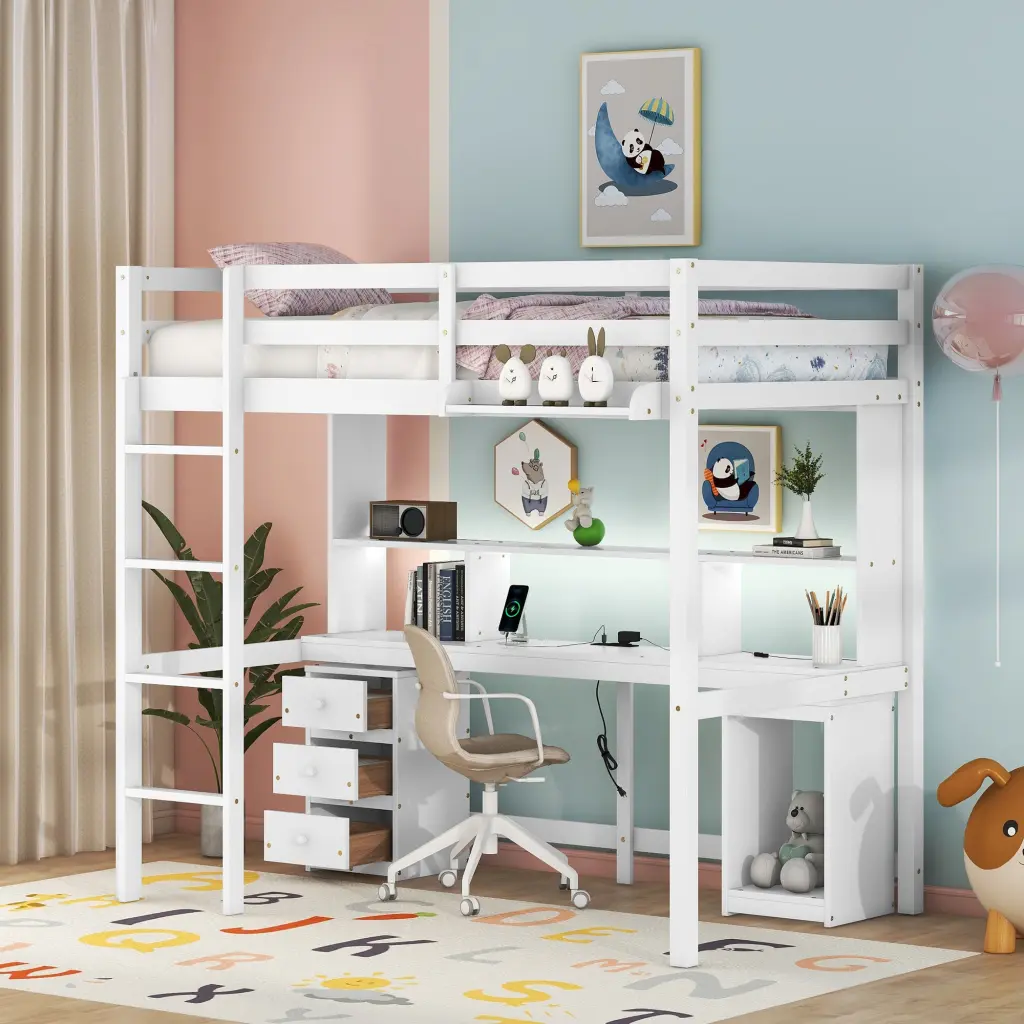 Twin Size Loft Bed Storage Desk LED Light and Bedside Tray wm store