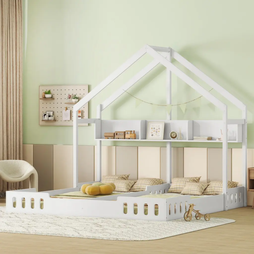 Wood Twin Size Houtilize Platform Beds Shelves and Guardrails wm store