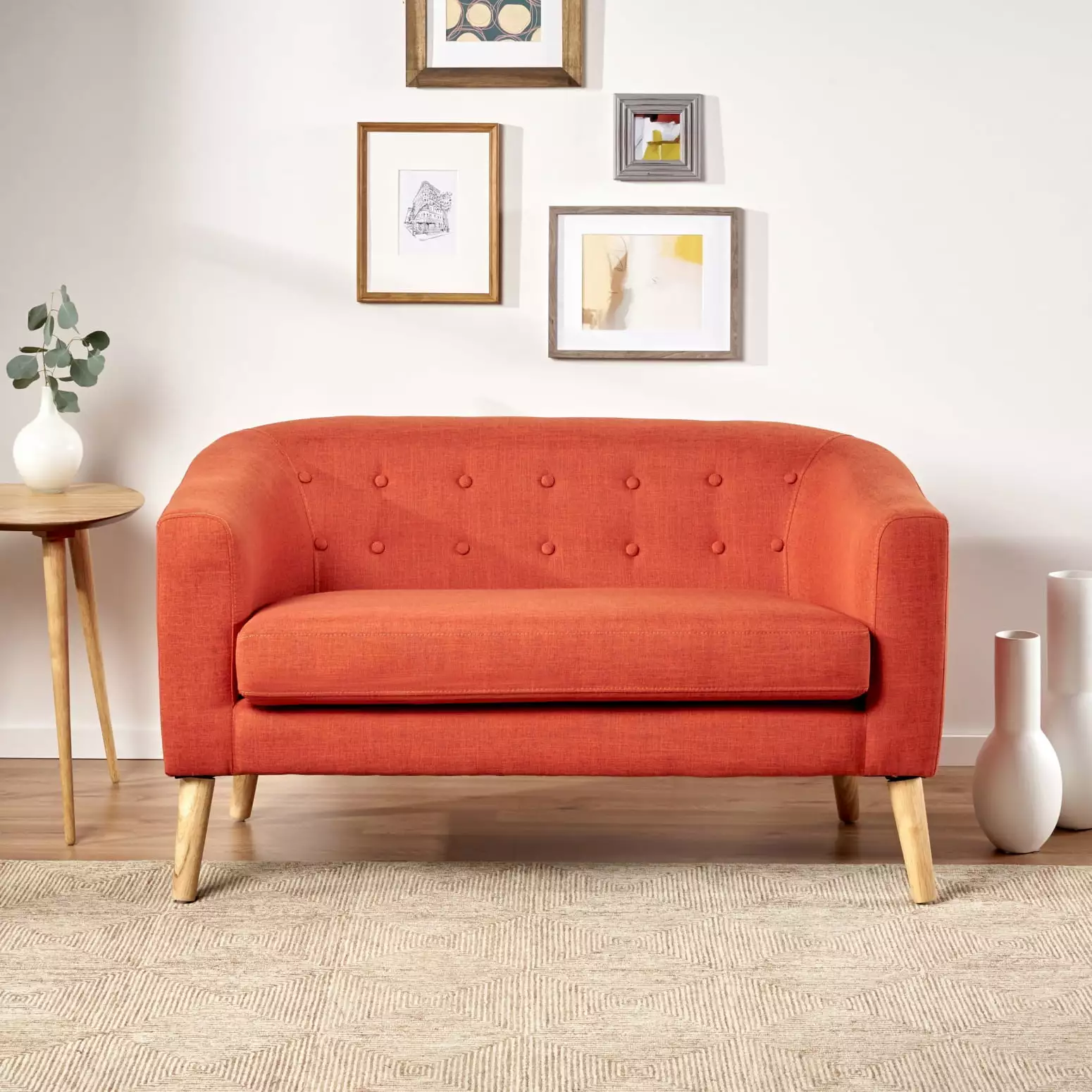 Retro Charm Two Seater Sofa Button-Tufted Waffle Stitching Tub-Shaped Design Orange Ponnky