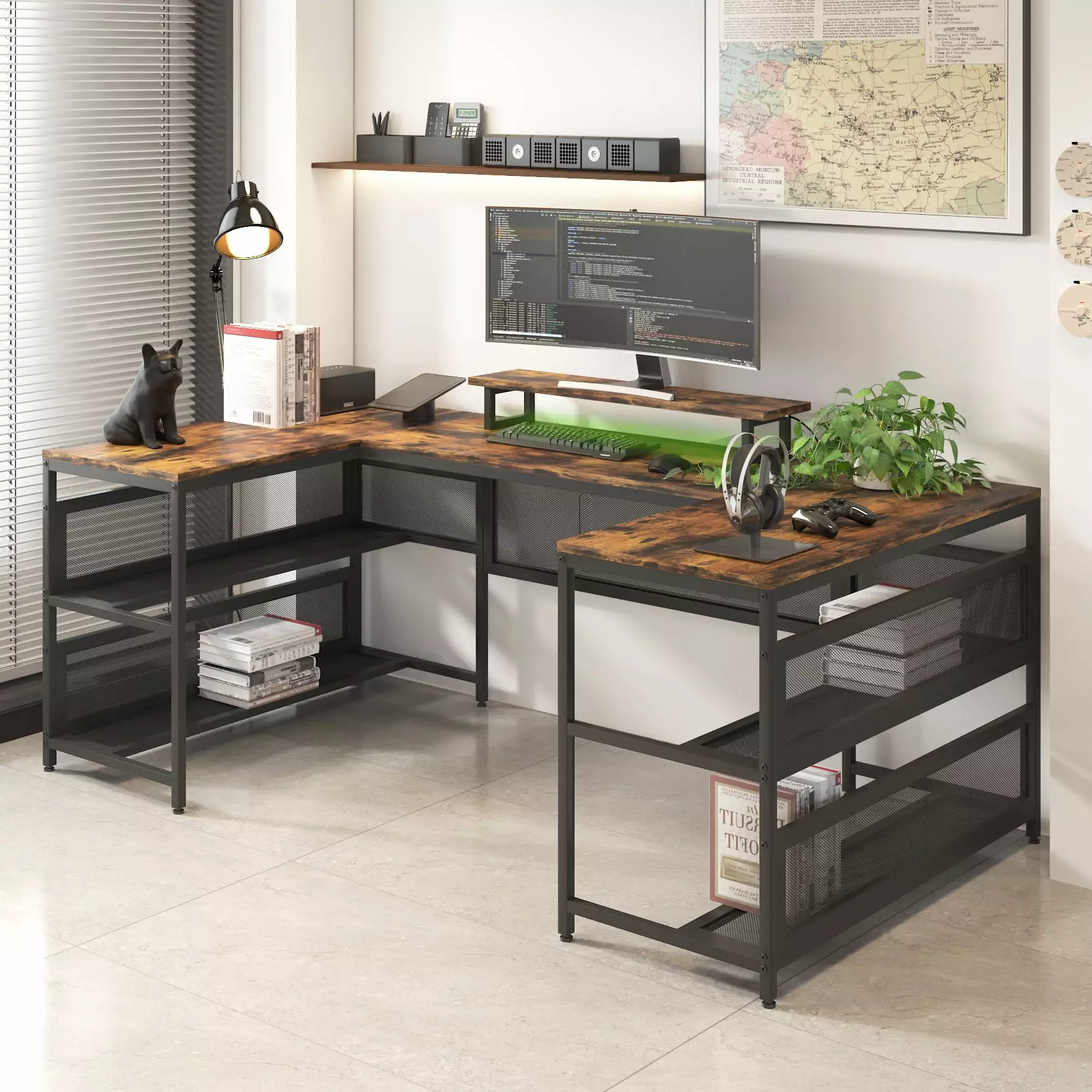 82 Inch Reversible U Shaped Desk Shelves, LED Lights, and Monitor Stand - 3 Person Corner Computer Desk Home Office DLPIN